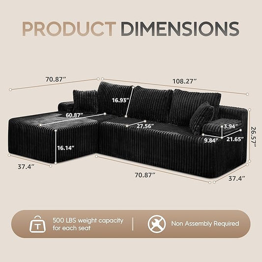 Hobestluk Modular Sectional Sofa Couches L-Shape Couch 3 Seat Modular Sofa Memory Foam Sectional Couches for Living Room, Cloud Couch with Oversized Chaise (108" Left Facing Chaise)