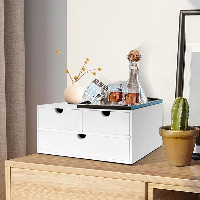 Bamboo Desk Organizer with 3 Drawers, Countertop Organizer with Drawers Makeup Storage Drawer 3 Drawer Tabletop Storage Organization Box Home Office Workspace（White）