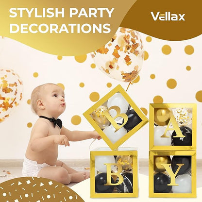 Baby Shower Boxes with Letters – Gold Boxes with Gold & Black Balloons – 44-Piece Gender Reveal & Party Decoration Set by Vellax