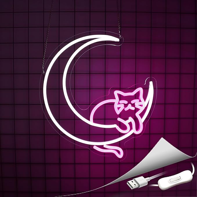 Moon Cat Neon Sign Girl Room Decor Led Neon Lights Signs for Wall Decor USB Powered Led for Room Decoration