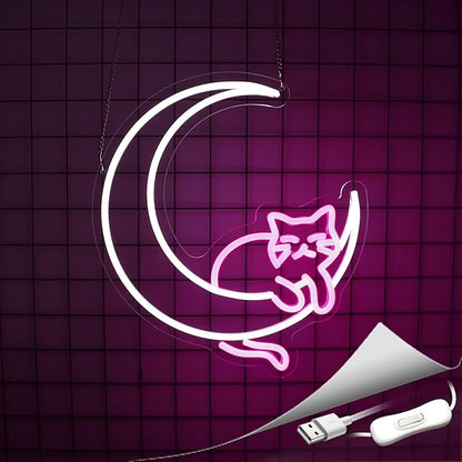 Moon Cat Neon Sign Girl Room Decor Led Neon Lights Signs for Wall Decor USB Powered Led for Room Decoration