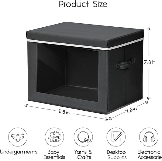 Storage Bins with Lids - Small Fabric Organizers with Window, Collapsible Storage Bins for Clothes, Decorative Closet Organizers for Towels, Tshirt, 3 Pack, Black