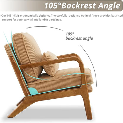 Karl home Mid-Century Modern Accent Chair, Living Room Chairs with Pillow Upholstered Lounge Armchair with Solid Wood Frame & Soft Cushion for Bedroom, Reading Room, Corduroy Khaki (Low Back)