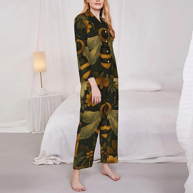 Retro Bee And Floral Women'S Pajama Sets Ultra-Soft Printed Sleepwear