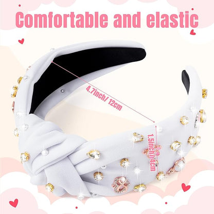 PANTIDE Heart Jeweled Knotted Headband - Rose Gold Flower Rhinestone Crystal Embellished Headband Wide Top Knot Fashion Hairband Accessories Birthday Gift for Women Girl (White)