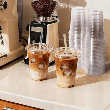SAEUYVB 200 Pack - 16 oz Clear Plastic Cups with Lids and Straws,Disposable Iced Coffee Cups with Lids for Smoothie,Milkshake,Cold Drinks,Sturdy&Food Safe Disposable Clear Plastic Cups