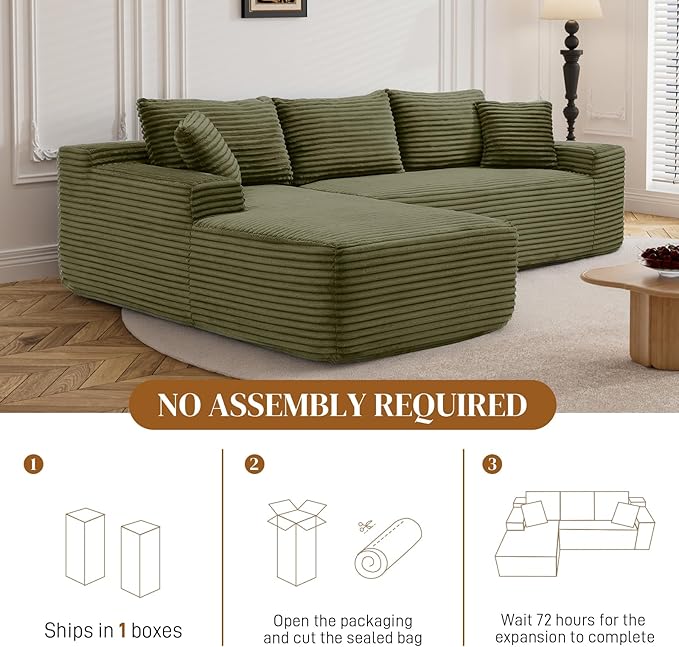 95" L Shaped Boneless Sectional Couches, Wide Armrest, Deep Seat, Memory Foam, Assembly Free, Modern Comfy Corduroy Fluffy Cloud Sofa with Left Chaise for Living Room, Small Spaces, Green