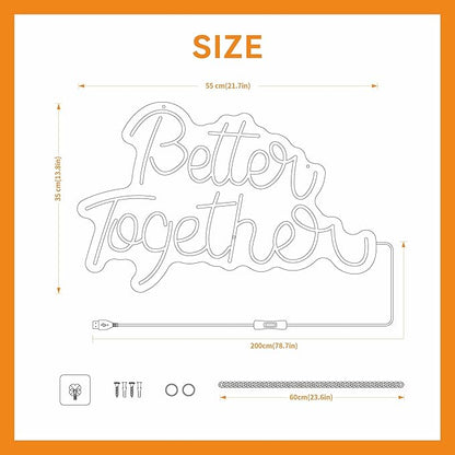 Better Together Neon Sign for Wall Decor Neon Lights for Teen Bedroom Decor Art Light Up Sign LED Neon Signs for All Party Reunion Decoration USB 21.7x13.8 Inch(warm white)