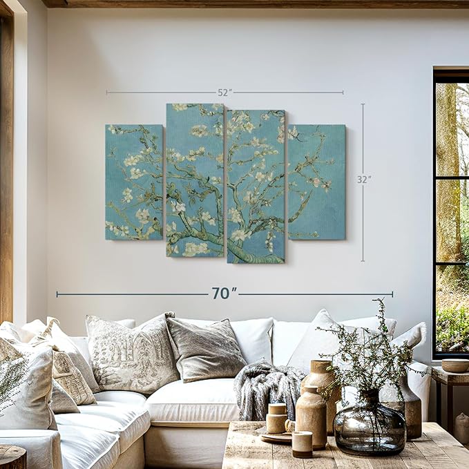 ElephantStock Almond Blossoms Wall Art - Horizontal Canvas - 4-Piece Living Room Wall Decor - Flower Painting Canvas Print - Blue and Green Decor for Wall by Vincent Van Gogh - 52" X 32"