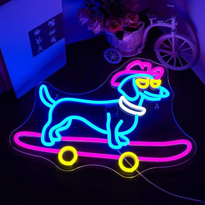 Lucunstar Dachshund Neon Sign Skateboard Dog Neon Light up Sign USB Adjustable Neon Lights Art Wall Decor LED Sign for Bedroom Shop Pet Lovers Gift