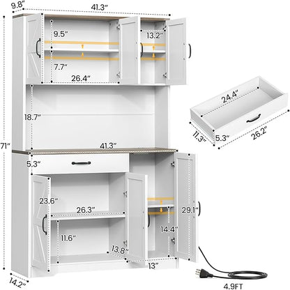 71" Pantry Cabinet with Charging Station, Large Capacity Kitchen Hutch Storage Cabinet, Kitchen Cabinet with Microwave Stand, Storage Drawers & Adjustable Shelves for Dining Room, White
