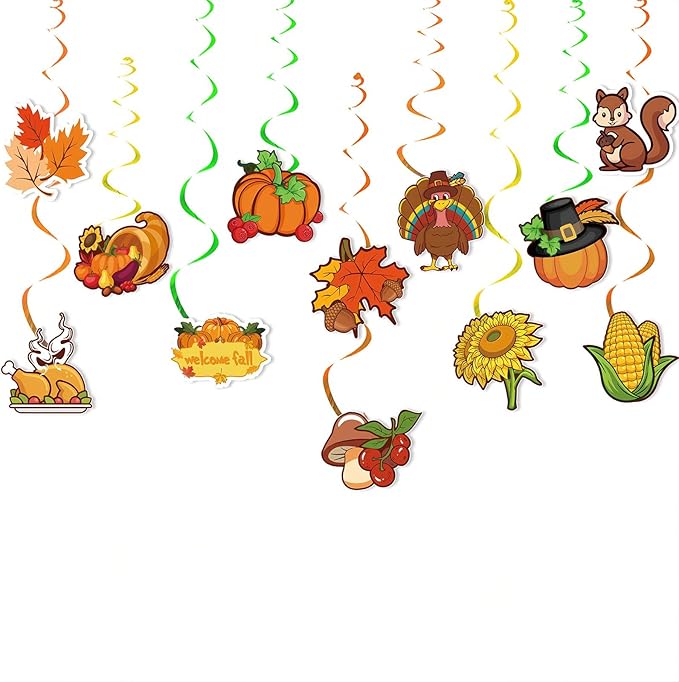 Fall Thanksgiving Hanging Swirls Decoration Autumn Harvest Hanging Foil Swirls Ceiling Decor for Thanksgiving Party Supplies Pumpkin Maple Leaf Turkey Ceiling Hanging 12Pcs