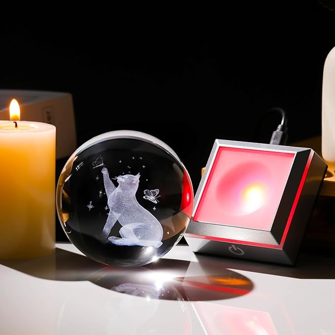 Ornalrist 3.15" Crystal Ball Engraved 3D Cat with Butterfly Figurine Collectible Paperweight with LED Base, Glass Sphere Cat Lover Gifts for Women Men Home Decor
