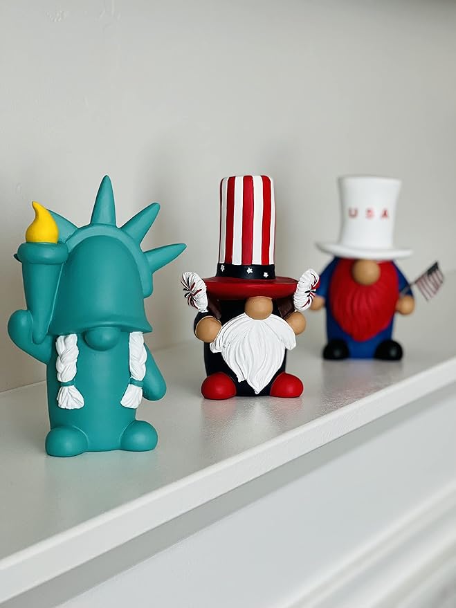 Madanar Independence Day Resin Gnomes 3-Piece Set for Tiered Tray Shelf Decorations - Sparklers, Statue of Liberty, USA Flag (Independence Day)