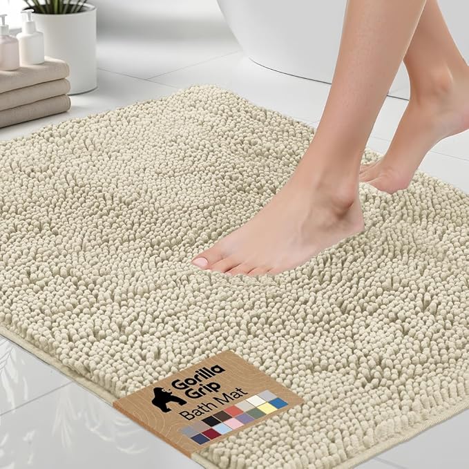 GORILLA GRIP Bath Rug Mat, Thick Soft Absorbent Chenille, Quick Dry Microfiber Mats, Rubber Backing Washable Shower Floor Rugs, US Designed Bathroom Bathmat Home Decor 24x17, Dusty Cloud
