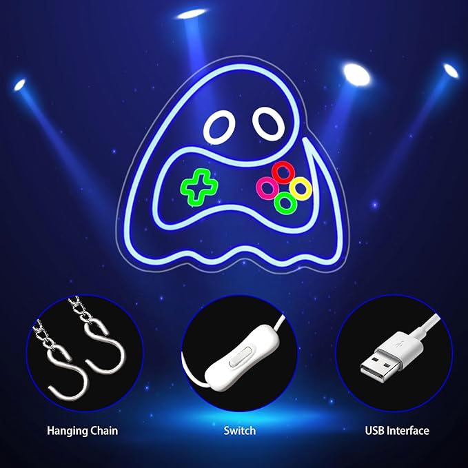 Game Ghost Neon Sign, Neon Signs for Wall Decor Gaming Room LED Light Up Signs Home Decor for Boys Bedroom Club Party Bar Shop USB Operated