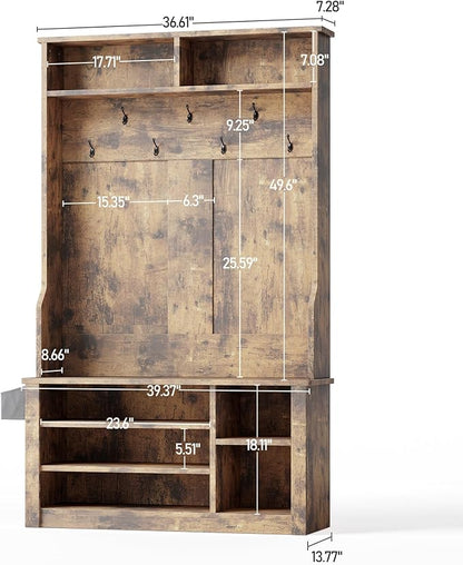 Aiho Entryway Hall Tree with Bench and Storage, 3-in-1 Hall Tree with Coat Rack, Adjustable Shoe Bench, 2-Tier top Storage, for Hallway, Entryway, Bedroom, Rustic Brown