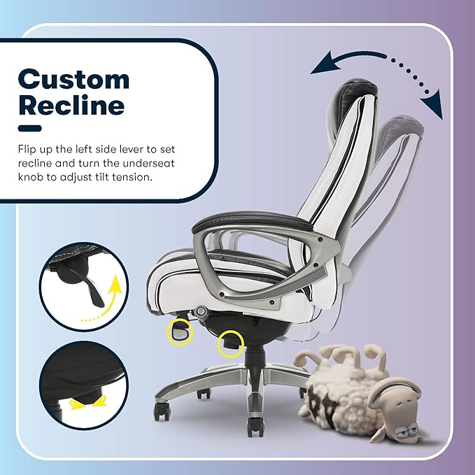 Serta® Lautner Executive Home Office Desk Chair, Ergonomic High-Back with Adjustable Lumbar and Body Pillows, SmartLayers™ and ComfortCoils® Technology, Mesh and Bonded Leather, Black and White