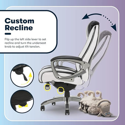 Serta® Lautner Executive Home Office Desk Chair, Ergonomic High-Back with Adjustable Lumbar and Body Pillows, SmartLayers™ and ComfortCoils® Technology, Mesh and Bonded Leather, Black and White