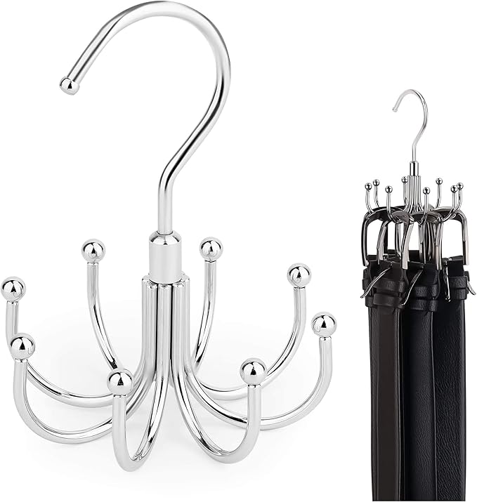 ZEDODIER 2 Pack Belt Organizer for Closet, Heavy-Duty Rotating Belt Hanger Rack Holds up to 48 Belts, Hanging Space Saving Metal Belt Holder for Closet Storage, Silver