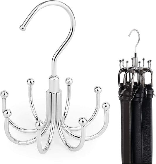 ZEDODIER Belt Organizer for Closet, Heavy-Duty Rotating Belt Hanger Rack Holds up to 24 Belts, Hanging Space Saving Metal Belt Holder for Closet Storage, Silver
