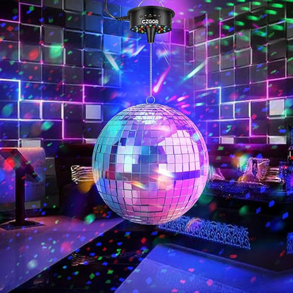 Disco Ball Motor with Light with Remote, Rotating 0/3/6/9/12/15 RPM Adjustable Speed, 16ft Detachable Power Cable/Battery/USB-C Power Mode, Supports 4'' - 16'' Mirror Balls for Party Christmas Wedding