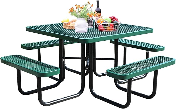 46-Inch Square Outdoor Picnic Table – Commercial Heavy-Duty Steel Dining Table with Thermoplastic Coating, Weather & Rust Resistant, Ideal for Parks, Patios, Schools, Campgrounds (Green)