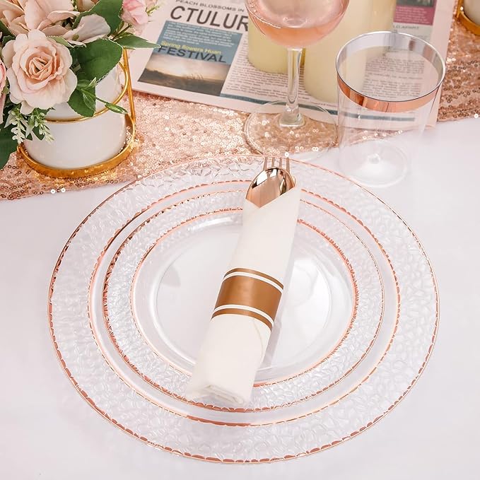 Liacere 350PCS Rose Gold Plastic Plates-Clear Rose Disposable Plates 50 Guests include 50 Dinner Plates,50 Salad Plates,50 Forks,50 Knives,50 Spoons,50 Cups,50 Napkins for Wedding&Party&Mother's Day