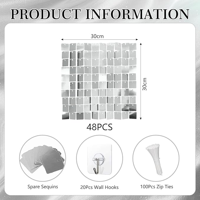 48 PCS Silver Shimmer Wall Backdrop, Square Sequin Photo Backdrops Panel, Glitter Wall Background for Birthdays, Weddings, Christmas, Engagements, Disco Bachelorette Party Decoration (6FTx8FT)
