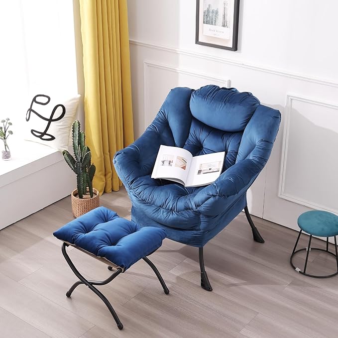 LITA Lazy Chair with Ottoman, Modern Accent Leisure Upholstered Sofa Chair, Contemporary Lounge Reading Chairs with Armrests and a Side Pocket for Living Room, Bedroom & Small Space, Royal Blue