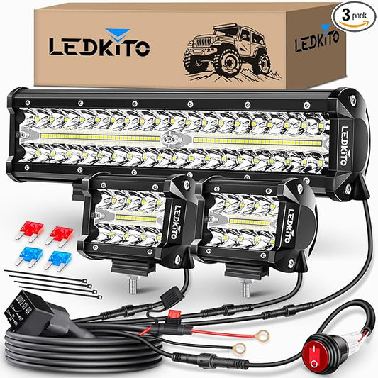 12 Inch LED Light Bar and 2PCS 4 Inch Pod Lights Off Road Lights with Switch 3 Lead Wiring Harness Triple Row Spot Flood Combo LED Light Bar for Truck Car UTV Boat