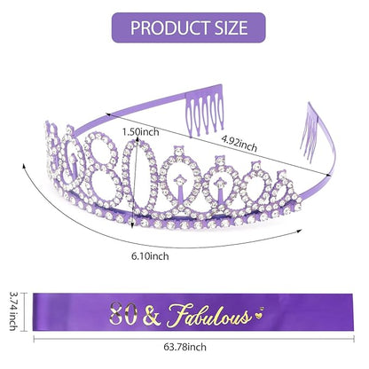 CIEHER 80th Birthday Crown + Sash, Purple 80th Birthday Decorations for Women, Fabulous Party Supplies