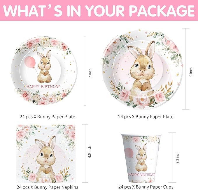 APOWBLS Bunny Birthday Decorations Tableware, Bunny Party Supplies, Paper Plate, Cup, Napkin, Tablecloth, Cutlery, Rabbit Bunny Party Decorations For Easter 1st 2nd Birthday, Serves 24