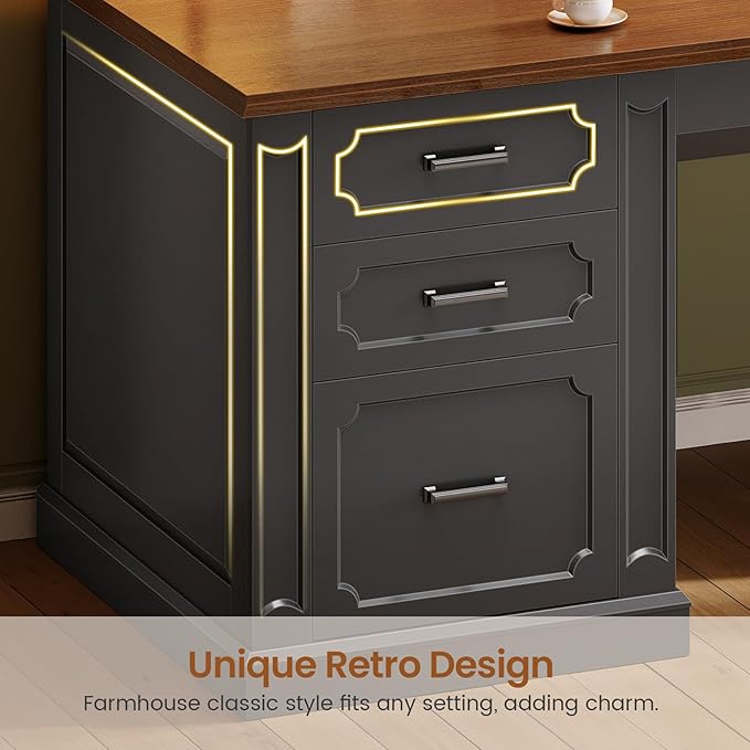 SEDETA Farmhouse 70.9" Executive Desk, Home Office Desk with File Drawers and Storage Cabinet, Computer Desk with Power Outlet for Home Office, Work Study Writing, Black