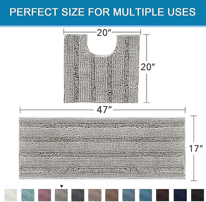H.VERSAILTEX Bathroom Rugs Bath Rug Set 2 Piece Bathroom Contour Rug Toilet Mat Sets Non Slip Contour Bath Rug Ultra Thick Water Absorbent Striped Bath Mats Washable(47" x 17" Plus 20" x 20" U, Dove)