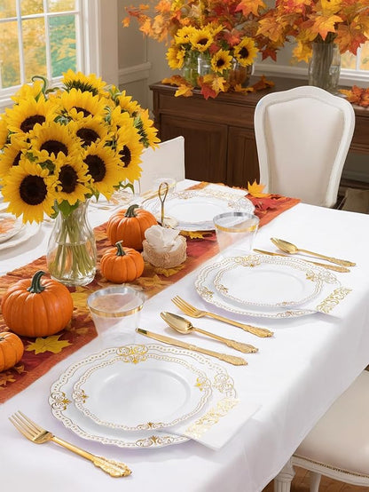 Ciaell 175 PCS White and Gold Plastic Plates - Fancy Gold Disposable Dinnerware Set with of 50 Plastic Plates, 25 Knives, 25 Forks, 25 Spoons, 25 Cups, 25 Napkins for Wedding, Party &Thanksgiving