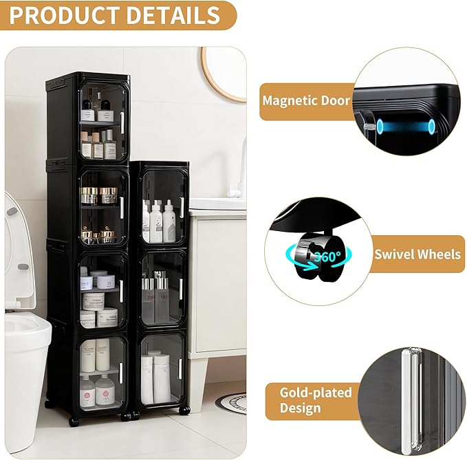 3-Tier Slim Narrow Storage Cabinet with Adjustable Shelves and Movable Wheels, Anti-Tip, Bathroom Storage and Organizers for Small Space, Bathroom, Kitchen, Laundry, Black