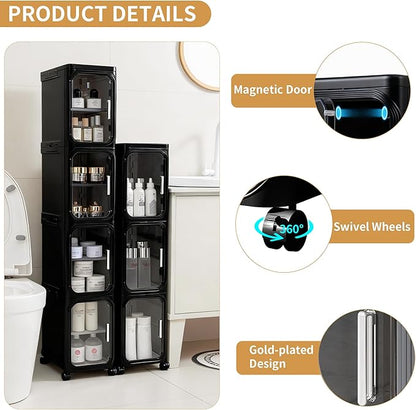 4-Tier Tall Narrow Storage Cabinet with Adjustable Shelves and Movable Wheels, Slim, Bathroom Storage and Organizers for Small Space, Bathroom, Kitchen, Laundry, Black