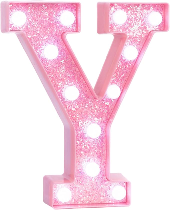 Pink LED Marquee Light Up Letters, Glitter Alphabet Letter Lights for Birthday Party Decorations, Battery Operated Letter Signs for Girls Room Table Decor, Pink letter Y with Cool White Lights