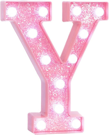 Pink LED Marquee Light Up Letters, Glitter Alphabet Letter Lights for Birthday Party Decorations, Battery Operated Letter Signs for Girls Room Table Decor, Pink letter Y with Cool White Lights