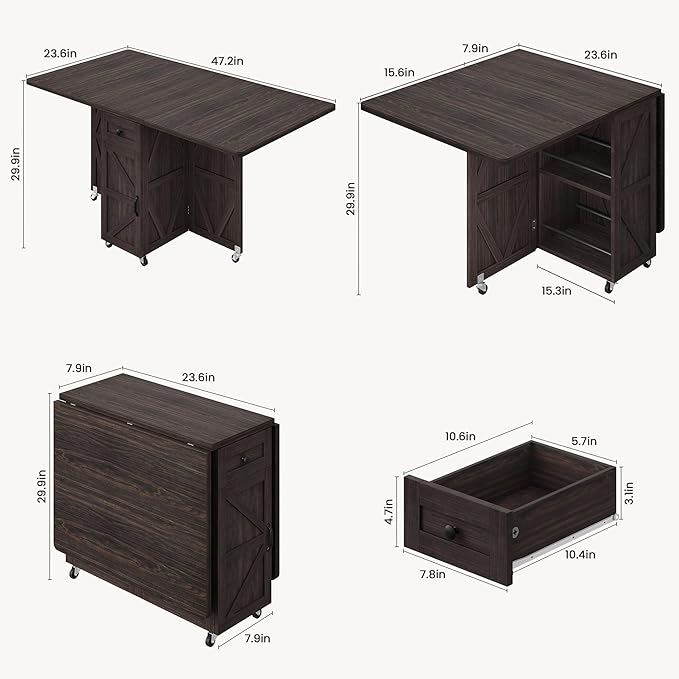 Space Saving Folding Dining Table for 2-4, Farmhouse Foldable Dining Table with Drawer and Storage Shelf, 6 Wheels Drop Leaf Kitchen Dining Room Table for Small Space (Walnut, 47.2" x 23.6" x 29.9")