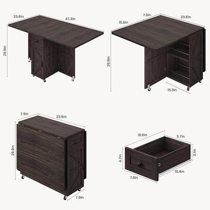 Space Saving Folding Dining Table for 2-4, Farmhouse Foldable Dining Table with Drawer and Storage Shelf, 6 Wheels Drop Leaf Kitchen Dining Room Table for Small Space (Walnut, 47.2" x 23.6" x 29.9")