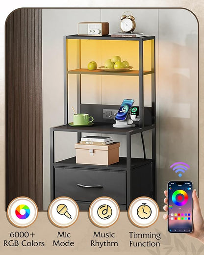 WLIVE Tall Nightstand with Charging Station, LED Night Stand with 3 Fabric Drawers and Storage Open Shelves, Bedroom Nightstand table, Bed Side Table for Living Room, Black