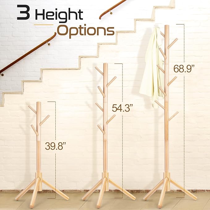 2PCS Solid Wooden Coat Rack Freestanding, New Zealand Pine Coat Tree with 8 Hooks & 3 Adjustable Sizes for Coats, Hats, Handbags and Scarves, Space Saving for Entryway/Office/Bedroom (Nature)