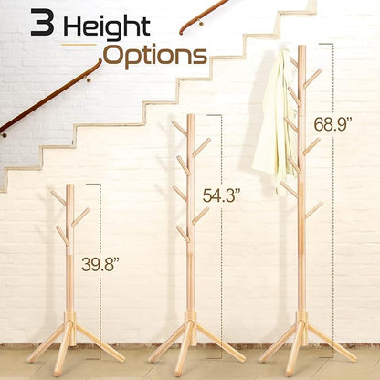 Solid Wooden Coat Rack Freestanding, New Zealand Pine Coat Tree with 8 Hooks & 3 Adjustable Sizes for Coats, Hats, Handbags and Scarves, Space Saving for Entryway/Office/Bedroom (Nature)