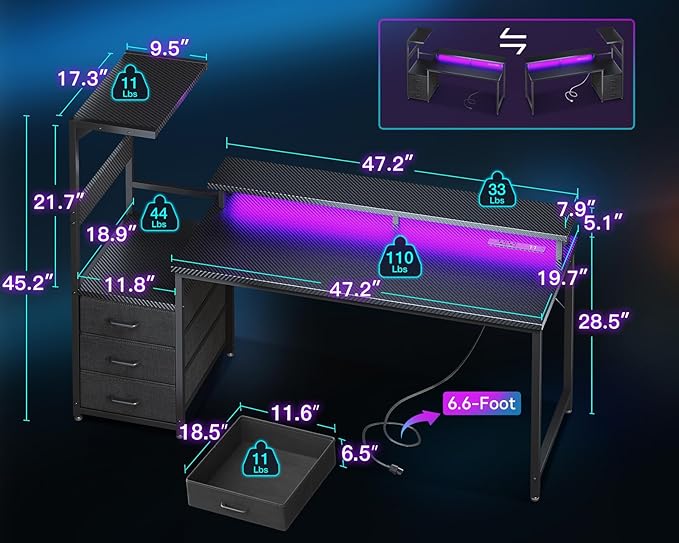 AODK 59 Inch Gaming Desk with USB Charging Ports & LED Light- Reversible Computer Desk with Storage Shelves & Monitor Stand, Modern Gamer Desk Table with Fabric Drawers & Side Hook, Carbon Fiber Black