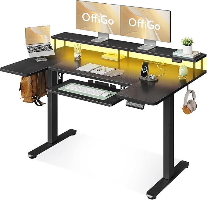 OffiGo U Shaped Electric Standing Desk with Keyboard Tray, 55 Inch Height Adjustable Desk with Power Outlets & LED Lights, Sit Stand Table with Monitor Stand for Home, Office, Black
