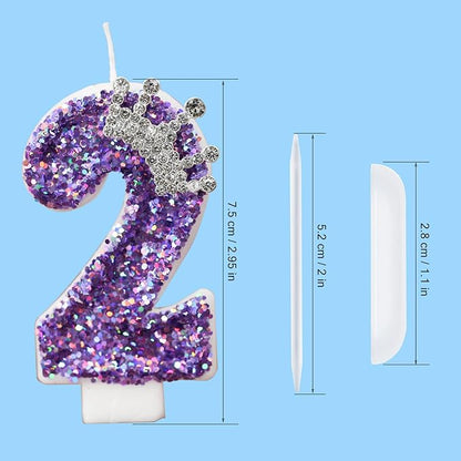 Birthday Number Candles,Purple Crown Birthday Candles for Cake,Glitter Number 2 Candle Cake Topper with Sequins for Anniversary Celebrations Supplies (Number 2)
