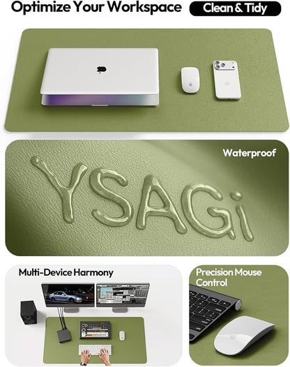 YSAGi Leather Desk Protector, Office Mat, Large Mouse Mat, Non-Slip PU Leather Blotter, Laptop Pad, Waterproof Writing Pad for Office and Home (Green, 35.4" x 17")
