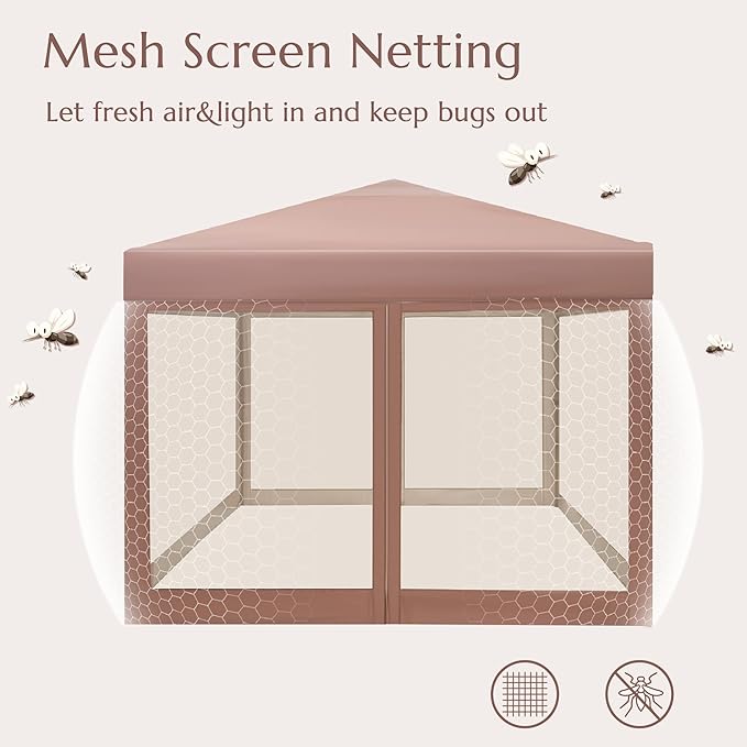 PHI VILLA 10' x 10' Pop Up Canopy Tent with Netting, Instant Gazebo, Ez up Screen House Room with Carry Bag, Height Adjustable, for Outdoor, Garden, Patio